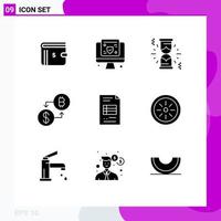 conjunto de 9 paquetes de glifos sólidos comerciales para informes comerciales pago seguro dinero moneda elementos de diseño vectorial editables vector