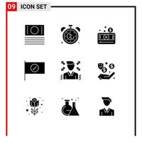 Group of 9 Modern Solid Glyphs Set for man sign money flag video Editable Vector Design Elements