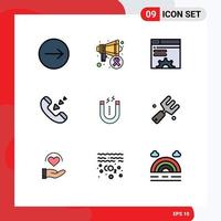 Pack of 9 Modern Filledline Flat Colors Signs and Symbols for Web Print Media such as attracting magnet server phone communication Editable Vector Design Elements