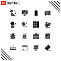 Group of 16 Modern Solid Glyphs Set for bell search technology web marketing Editable Vector Design Elements