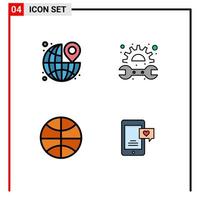 Pack of 4 creative Filledline Flat Colors of around basketball the mechanic festival Editable Vector Design Elements