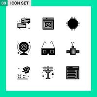 Group of 9 Solid Glyphs Signs and Symbols for computer camera web cam electronic Editable Vector Design Elements