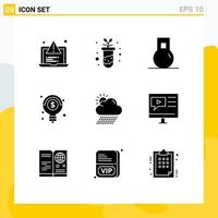 Mobile Interface Solid Glyph Set of 9 Pictograms of weather cloud fitness money creative Editable Vector Design Elements
