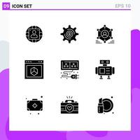 Set of 9 Commercial Solid Glyphs pack for internet browser setting application people Editable Vector Design Elements