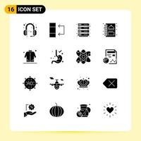 Modern Set of 16 Solid Glyphs Pictograph of shopping shirt rack jacket menu book Editable Vector Design Elements