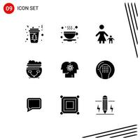 Mobile Interface Solid Glyph Set of 9 Pictograms of talent eat child pot mother Editable Vector Design Elements