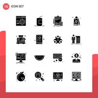 Set of 16 Vector Solid Glyphs on Grid for love shopping bag fast food audit calculator Editable Vector Design Elements