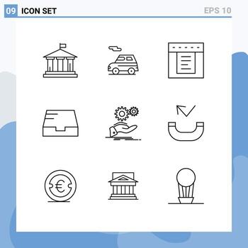 Pack of 9 Modern Outlines Signs and Symbols for Web Print Media such as gear hand dropdown solution mail Editable Vector Design Elements