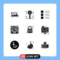 Mobile Interface Solid Glyph Set of 9 Pictograms of domain website summer web page menu Editable Vector Design Elements