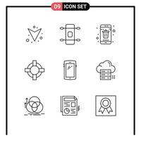 9 símbolos de signos de esquema universales de teléfonos inteligentes Android eliminar elementos de diseño de vectores editables salvavidas del teléfono