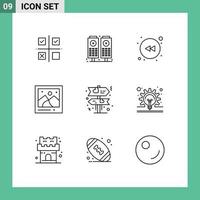Pack of 9 Modern Outlines Signs and Symbols for Web Print Media such as love board arrow picture landmark Editable Vector Design Elements
