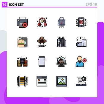 paquete de 16 líneas llenas de colores planos modernos, signos y símbolos para medios de impresión web, como desarrollo web, reproducción de codificación, protección, elementos de diseño de vectores creativos editables