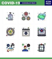 conjunto de iconos covid19 para el paquete de color plano infográfico de 9 líneas rellenas, como advertencia de riesgo de virus de laboratorio, jabón de manos, coronavirus viral 2019nov, elementos de diseño de vectores de enfermedades