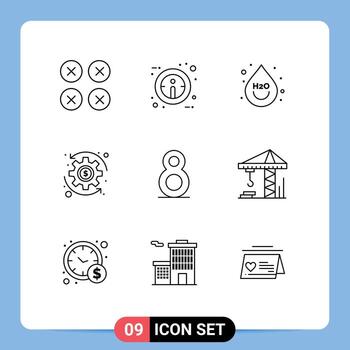 User Interface Pack of 9 Basic Outlines of crain eight beverage wealth coin Editable Vector Design Elements
