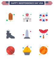 conjunto de 9 iconos del día de los ee.uu. símbolos americanos signos del día de la independencia para la vista hito empavesados shose americano elementos de diseño vectorial del día de los ee.uu. editables vector