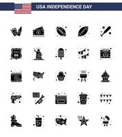 Happy Independence Day 4th July Set of 25 Solid Glyph American Pictograph of hardball baseball rugby usa footbal Editable USA Day Vector Design Elements