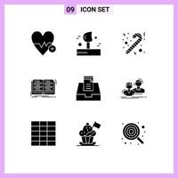 Pack of 9 Modern Solid Glyphs Signs and Symbols for Web Print Media such as mailbox inbox candy study education Editable Vector Design Elements