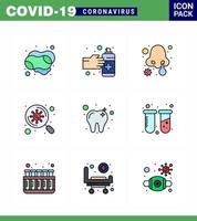 Conjunto de 9 colores planos de línea rellena de iconos epidémicos de virus de la corona, como exploración dental, virus del resfriado, bacterias, coronavirus viral 2019nov, elementos de diseño de vectores de enfermedades