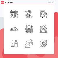 Modern Set of 9 Outlines Pictograph of nature landscape women celebrate mountain mobile Editable Vector Design Elements