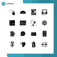 Set of 16 Vector Solid Glyphs on Grid for image web cafe seo headphone Editable Vector Design Elements