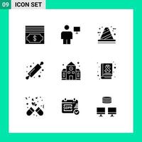 Modern Set of 9 Solid Glyphs Pictograph of school bread roller architecture baking development Editable Vector Design Elements