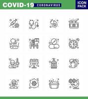 paquete de iconos de coronavirus covid19 de 16 líneas, como manos, sangre médica, plaquetas de hospital, coronavirus viral 2019nov, elementos de diseño de vectores de enfermedad