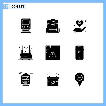 Mobile Interface Solid Glyph Set of 9 Pictograms of wireless technology service router heart Editable Vector Design Elements