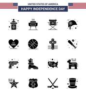 16 USA Solid Glyph Signs Independence Day Celebration Symbols of heart protection chair helmet television Editable USA Day Vector Design Elements