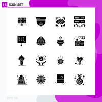 Set of 16 Vector Solid Glyphs on Grid for money business block shared web database server Editable Vector Design Elements