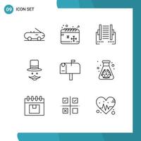 Group of 9 Modern Outlines Set for post men data hat hipster Editable Vector Design Elements