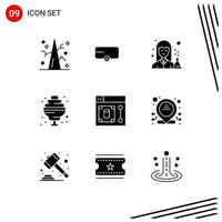 Pack of 9 Modern Solid Glyphs Signs and Symbols for Web Print Media such as designer web female sweet cocktail Editable Vector Design Elements