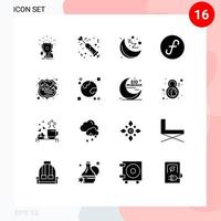 Set of 16 Vector Solid Glyphs on Grid for firewall bank love aruba moon Editable Vector Design Elements