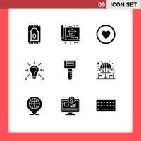 9 User Interface Solid Glyph Pack of modern Signs and Symbols of food solution achievement idea bulb Editable Vector Design Elements