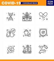 corona virus prevention covid19 tips to avoid injury 9 Line icon for presentation cleaned protect medical pills hand lungs viral coronavirus 2019nov disease Vector Design Elements