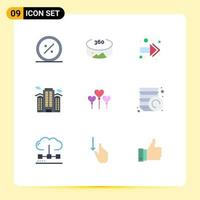 Pack of 9 creative Flat Colors of balloon city arrow work office Editable Vector Design Elements