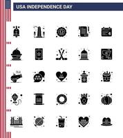 Happy Independence Day USA Pack of 25 Creative Solid Glyph of calender receipt washington paper eagle Editable USA Day Vector Design Elements