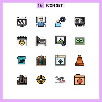 conjunto moderno de 16 líneas y símbolos rellenos de colores planos, como cama halloween eliminar calendario de usuario impresión elementos de diseño de vectores creativos editables