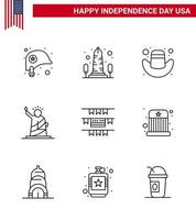 Pack of 9 USA Independence Day Celebration Lines Signs and 4th July Symbols such as buntings statue washington of landmarks Editable USA Day Vector Design Elements