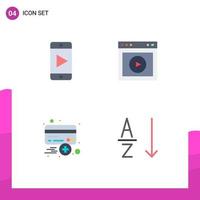 conjunto moderno de 4 iconos y símbolos planos, como la web de reproducción de tarjetas móviles, además de elementos de diseño vectorial editables vector