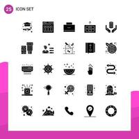 User Interface Pack of 25 Basic Solid Glyphs of secure hand education database finance Editable Vector Design Elements