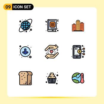 9 User Interface Filledline Flat Color Pack of modern Signs and Symbols of down arrows building real office Editable Vector Design Elements