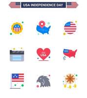 Set of 9 Vector Flats on 4th July USA Independence Day such as american heart location pin film cinema Editable USA Day Vector Design Elements