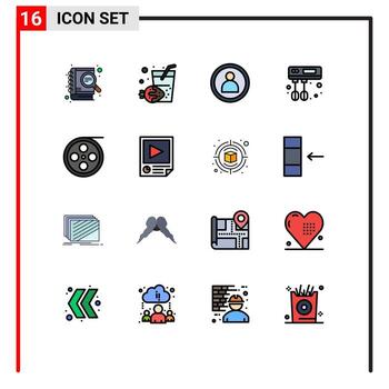 paquete de línea de vector editable de 16 líneas simples llenas de color plano de rollo de datos mezclador de película de persona elementos de diseño de vector creativo editable