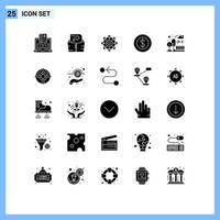 25 Thematic Vector Solid Glyphs and Editable Symbols of cityscape building learning cash dollar Editable Vector Design Elements