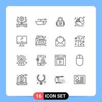 Universal Icon Symbols Group of 16 Modern Outlines of pc device secure monitor pie Editable Vector Design Elements