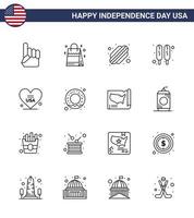 Happy Independence Day 4th July Set of 16 Lines American Pictograph of usa love american heart hot dog Editable USA Day Vector Design Elements