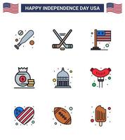 paquete de feliz día de la independencia de 9 líneas planas llenas de signos y símbolos para la bandera de indiana statehouse american bag elementos de diseño vectorial del día de estados unidos editables vector