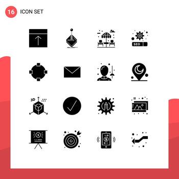 16 glifos sólidos universales establecidos para aplicaciones web y móviles configuración de ruta joystick seo park elementos de diseño vectorial editables vector
