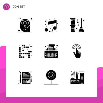 Pack of 9 creative Solid Glyphs of keys game note tetris bath Editable Vector Design Elements