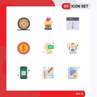 Pictogram Set of 9 Simple Flat Colors of education coin food dollar export Editable Vector Design Elements